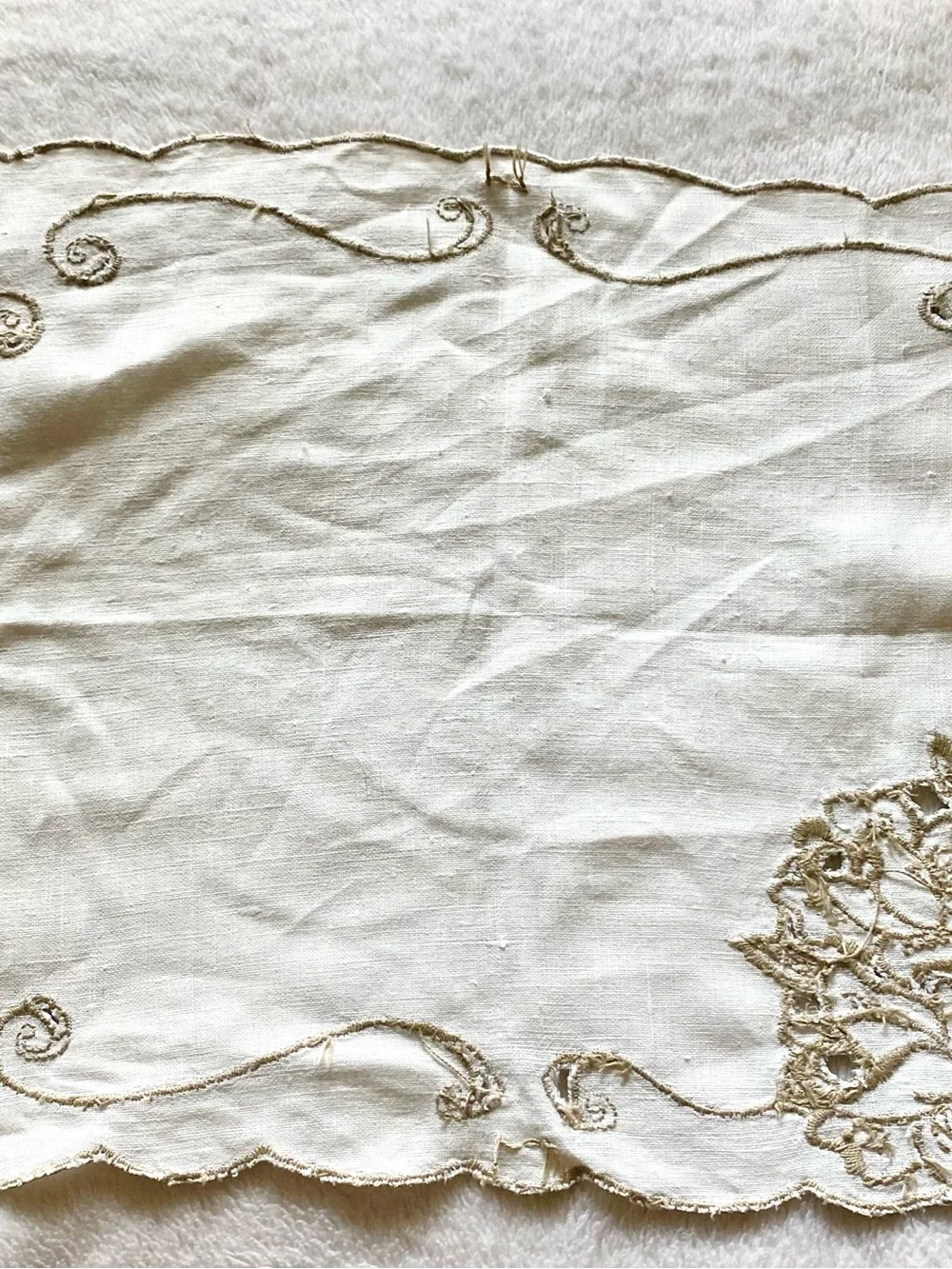 Vintage Cream Table Linen with Gold Embroidered Scrollwork